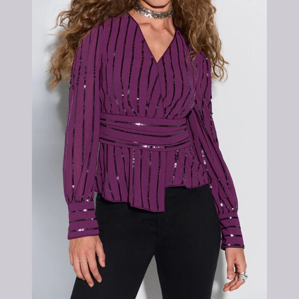 Plum Purple Sequin Sparkle Striped V Neck Wrap Blouse With Cinched Waist